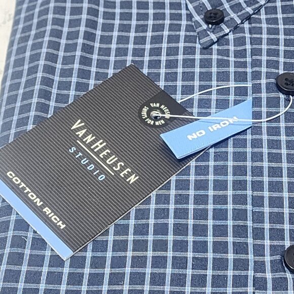 NWT Van Heusen Studio Men's M Medium Blue Plaid No Iron Cotton Rich Long Sleeve - Picture 2 of 5